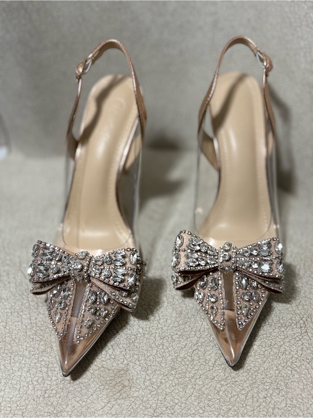 Crystal Bow Pointed Slingback Heels in Blush
